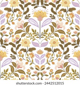 Seamless pattern with folk art design elements. Folk vector illustration with flowers on white background. Scandinavian traditional motif