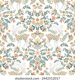 Seamless pattern with folk art design elements. Folk vector illustration with deer and flowers on a dark background. Scandinavian traditional motif