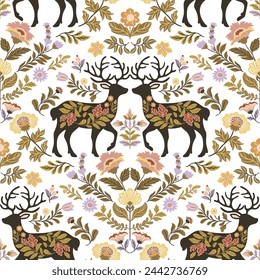 Seamless pattern with folk art design elements. Folk vector illustration with deer and flowers on a dark background. Scandinavian traditional motif