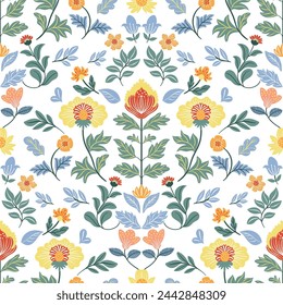 Seamless pattern with folk art design elements. Folk vector illustration with flowers on white background. Scandinavian traditional motif