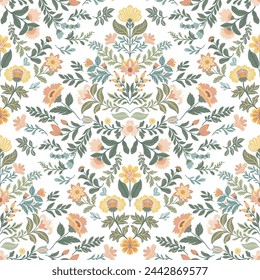 Seamless pattern with folk art design elements. Folk vector illustration with flowers on white background. Scandinavian traditional motif