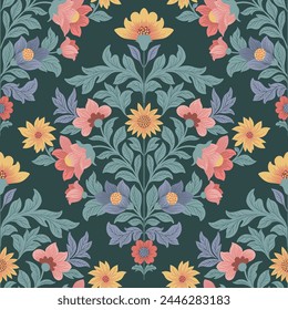 Seamless pattern with folk art design elements. Folk vector illustration with flowers on white background. Scandinavian traditional motif