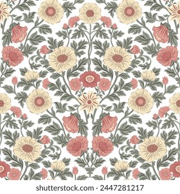 Seamless pattern with folk art design elements. Folk vector illustration with flowers on white background. Traditional motif.