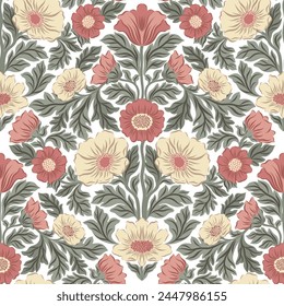 Seamless pattern with folk art design elements. Folk vector illustration with flowers on white background. Traditional motif.