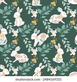 Seamless pattern with folk art design elements. Folk vector illustration with hares. Scandinavian traditional motif, perfect for textiles, home decor, stationery, gift wrap, and craft projects.