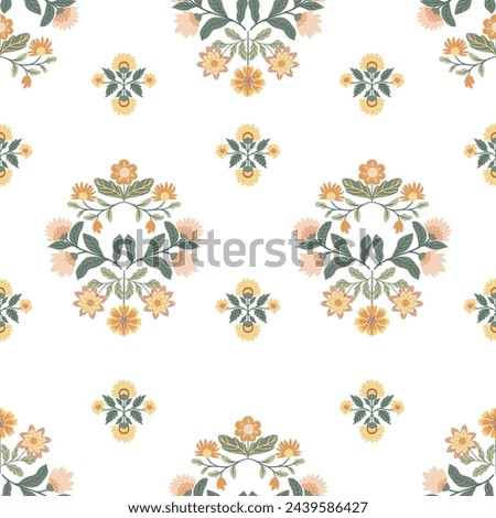 Seamless pattern with folk art design elements. Folk vector illustration with flowers on a dark background. Scandinavian traditional motif