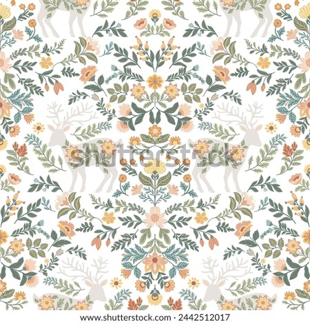 Seamless pattern with folk art design elements. Folk vector illustration with deer and flowers on a dark background. Scandinavian traditional motif