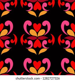 Seamless pattern, folk art, flat style, hand drawn, black background, vector illustration