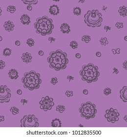 seamless pattern folk art floral ornament Vintage elegant wedding invitation with summer ethnic flowers Rough brush strokes purple violet gray background. Vector
