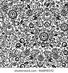 seamless pattern folk art floral ornament on white background Vintage elegant wedding invitation with summer ethnic flowers Black isolated on white background. Vector