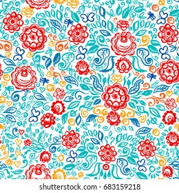 seamless pattern folk art floral ornament Vintage elegant wedding invitation with summer ethnic flowers red blue orange Rough brush strokes isolated on white background. Vector