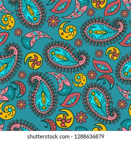 Seamless pattern, folk art,  flower motive, Paisley, hand drawn, Indian, multi-colored, vector illustration