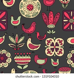 Seamless pattern, folk art style, colorful, hand drawn, vector