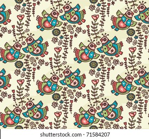 Seamless pattern with folk birds, hearts and flora. Vector doodle illustration.