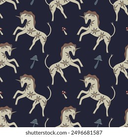 Seamless pattern of folk cartoon medieval unicorn, fairytale funny groovy horse pony whimsical vintage heraldic wild flat art. Doodle character with mushrooms. Hand-drawn bohemian composition. Old