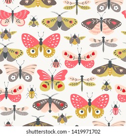 Seamless pattern of folk decorative butterflies, moths, dragonflies and bugs on light background.