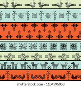 Seamless pattern folk embroidery, black blue orange greenbackground. Collection of flowers, birds, peacocks, horse, symbols earth, sun fertility, harvesting. Can be used for fabrics, wallpaper. Vector