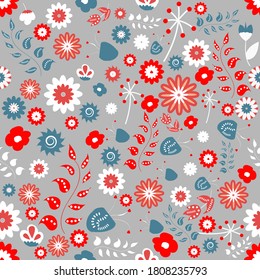 Seamless pattern with folk floral ornament, vector illustration