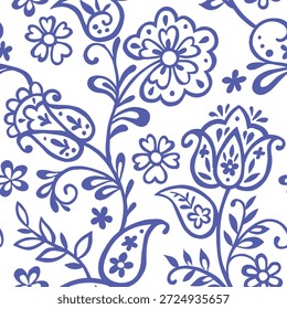 Seamless pattern with folk floral ornament. Blue oriental print, flowers, and paisley.