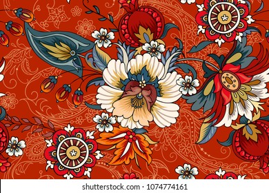 Seamless pattern with folk flowers