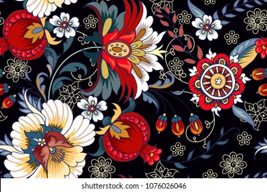 Seamless pattern with folk flowers