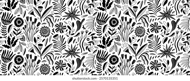 Seamless pattern with folk flowers and plants. Naive motif botanical wrapping paper. Hand drawn vector cutout meadow plants, girly folk flowers background. Psychedelic floral motif.