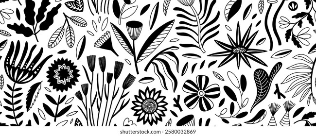 Seamless pattern with folk flowers and plants. Naive motif botanical wrapping paper. Hand drawn vector cutout meadow plants, girly folk flowers background. Psychedelic floral motif.