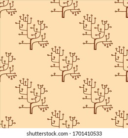 Seamless pattern of folk flowers and trees. Doodle hand-draw illustrations in vector. 
