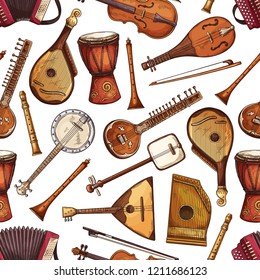 Seamless pattern of folk music instrument with indian sitar, russian balalaika and african drum, italian viola, flute and american banjo, japanese shamisen, zither, bandura and accordion