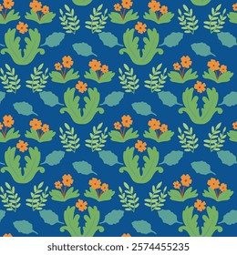 Seamless pattern, folk ornamental, floral pattern, blue, hand drawn, leaves, endless, all over print to use textile, fabric, clothing, backdrop, wallpaper, home textile, clothing, fashion, packaging