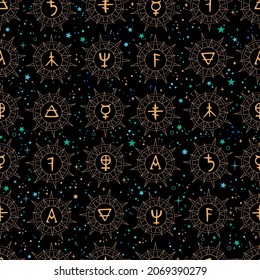 seamless pattern with folk signs and space
