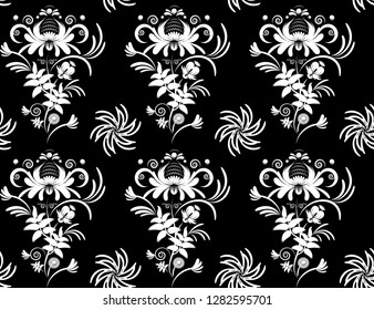 Seamless pattern in folk style in black and white,Petryakovskaya folk painting