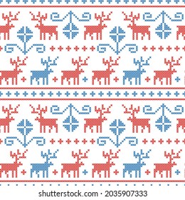 Seamless pattern in folk style, cross-stitch deer and flowers, New Year's pattern