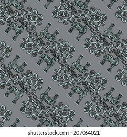 Seamless pattern in folk style deer with curly horns, vector. 