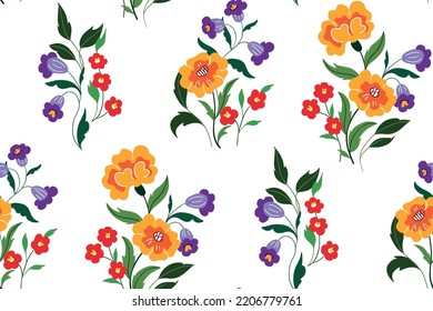 Seamless pattern, folk style floral print with hand drawn wild plants on white background. Rustic botanical design with large and small wild flowers, leaves, herbs in bouquets. Vector illustration.