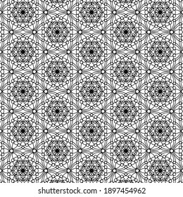 seamless pattern with folk style flowers and abstract ornaments drawn on a white background for coloring, vector