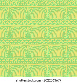Seamless pattern with folk style flowers and ornaments in light green and yellow colors, vector design