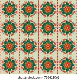 Seamless pattern in folk style with red flowers and gentle foliage