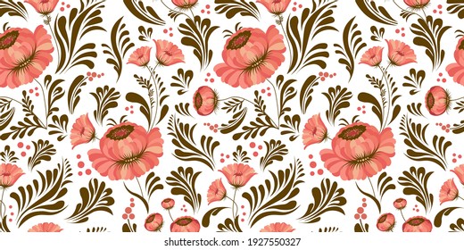 seamless pattern in folk style. Ukrainian ornament. Petrikovskaya painting. Ukrainian folk art. Fabric design. Floral print. Abstract flowers. Pink color.