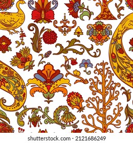 Seamless pattern with folk tale ornament design elements. Peacock bird, flowers, plants with decorative patterns. Stylized objects on white background. Colourful vector illustration