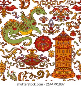 Seamless pattern with folk tale ornament design elements. Dragon, castle, flowers, plants with decorative patterns. Stylized objects on white background. Colourful vector illustration