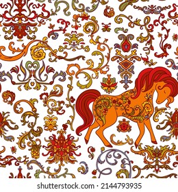 Seamless pattern with folk tale ornament design elements. Horse, ornate flowers, plants with decorative patterns Stylized objects on white background. Colourful vector illustration