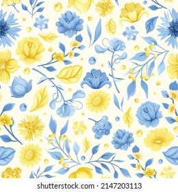 Seamless pattern with folk Ukrainian yellow and blue flowers and ornaments