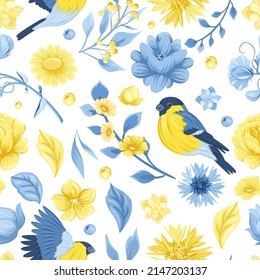 Seamless pattern with folk Ukrainian yellow and blue flowers and ornaments