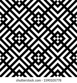 Seamless pattern. Folk wallpaper. Chevrons, checks ornament. Ancient mosaic. Curves, squares backdrop. Arrows, polygons background. Tribal motif. Ethnic ornate .Angle brackets, quadrangles. Abstract.