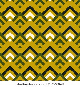 Seamless pattern. Folk wallpaper. Curves, squares backdrop. Angle brackets, diamonds background. Tribal motif. Chevrons, checks ornament. Ethnic mosaic. Figures, tiles abstract. Textile print. Vector.