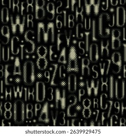 seamless pattern with a font consisting of dots. On the theme of matrix print, computer games, digital technology, pixels. A set of letters and numbers of an  alphabet. No AI is used