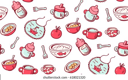 Seamless pattern with food for baby.  Hand-drawn illustration. Vector.