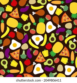 Patrón de comida sin foco. Concepto de fondo alimentario. Frutas. Verdura. Comida. Ilustración vectorial de diseño plano.
