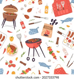 Seamless pattern with food for BBQ party. Repeatable texture with barbecue grill, roasted meat and tools on white background. American barbeque backdrop for wrapping. Colored flat vector illustration